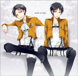  2boys ascot bad_id bad_pixiv_id belt black_eyes black_hair brown_eyes emblem eren_yeager jacket levi_(shingeki_no_kyojin) maine_(unap!) multiple_boys paradis_military_uniform shingeki_no_kyojin sitting survey_corps_(emblem) thigh_strap three-dimensional_maneuver_gear 