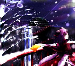  architecture bandages bridge bun_cover chinese_clothes commentary_request double_bun east_asian_architecture female hair_bun highres ibaraki_kasen itocoh night pink_eyes pink_hair scarf short_hair skirt snow solo tabard touhou water waterfall winter 