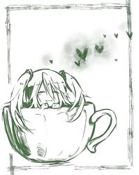  :3 bad_id bad_pixiv_id closed_eyes cup female green_theme hair_ornament hatsune_miku headphones heart in_container in_cup inazumrai long_hair mini_person minigirl monochrome smile solo teacup twintails vocaloid 