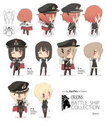  4girls blonde_hair blunt_bangs cape chibi commentary_request faux_figurine figure grey_hair highres hms_conqueror_(siirakannu) hms_monarch_(siirakannu) hms_orion_(siirakannu) hms_thunderer_(siirakannu) kantai_collection long_hair long_sleeves military military_uniform multiple_girls nendoroid original pantyhose photoshop_(medium) red_eyes red_hair royal_navy short_hair siirakannu smile thighhighs uniform 