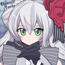  bad_id bad_twitter_id black_gloves blue_background character_name checkered_background eleanor_forte female gloves green_eyes grey_hair hair_ornament interlocked_fingers lavie_(bansheestrikes) long_hair looking_at_viewer solo synthesizer_v wax_seal_hair_ornament 