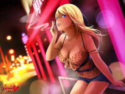  animal_print blonde_hair blue_eyes blue_shorts breasts cigarette cleavage commentary dark-skinned_female dark_skin denim denim_shorts english_commentary female game_cg ganguro highres hunie_(series) huniepop jessie_maye large_breasts leopard_print lips long_hair mature_female ninamo official_art outdoors promotional_art railing shorts sitting smoking solo spaghetti_strap strap_slip watermark 