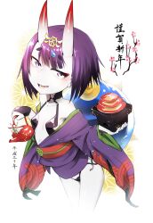  bare_shoulders blush breasts collarbone dai_yasude eyeliner fate/grand_order fate_(series) female headpiece highres horns japanese_clothes kimono long_sleeves looking_at_viewer makeup obi oni open_mouth purple_eyes purple_hair purple_kimono revealing_clothes sash short_hair short_kimono shuten_douji_(fate) skin-covered_horns small_breasts smile solo translation_request wide_sleeves 