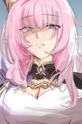  absurdres blue_background blue_eyes breasts cleavage elf elysia_(honkai_impact) elysia_(miss_pink_elf)_(honkai_impact) female hair_between_eyes highres honkai_(series) honkai_impact_3rd large_breasts long_hair looking_at_viewer pink_hair pink_pupils pointy_ears portrait saki_(remainaddd) shirt white_shirt 