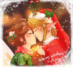  blonde_hair blush brown_hair christmas closed_eyes clothing crossover crossover_ship duo elf english_text hair hi_res holidays human human_on_humanoid humanoid humanoid_pointy_ears hylian imminent_kiss interspecies kid_icarus light_body light_skin link male male/male mammal nintendo not_furry pit_(kid_icarus) snow soft_sizzle text the_legend_of_zelda 