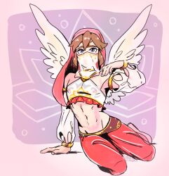  angel armwear brown_hair clothed clothing cosplay crossdressing crossover crossover_cosplay feathered_wings feathers femboy gerudo_outfit hair humanoid kid_icarus light_body light_skin looking_at_viewer male nintendo not_furry pit_(kid_icarus) soft_sizzle solo veil winged_humanoid wings 