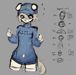  anthro blue_eyes blush canid canine clothing female hair hat headgear headwear hi_res legwear lonecube_(artist) mammal school solo surprise sweater tail thigh_highs topwear university 