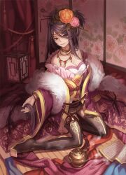  bare_shoulders black_eyes black_hair black_thighhighs breasts cleavage commentary_request curtains duplicate female flower fur_trim gunryuu_sangoku-den hair_flower hair_ornament hair_stick holding holding_own_hair incense incense_burner jewelry large_breasts long_hair looking_at_viewer necklace photoshop_(medium) scroll shawl short_hair sitting smile solo steam thighhighs ushi_(newrein) very_long_hair 