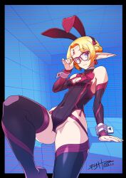  absurdres adjusting_eyewear animal_ears bare_shoulders blonde_hair blue_eyes braid breasts date_naoto detached_sleeves earrings elf fake_animal_ears female glasses highres jewelry leotard looking_at_viewer original playboy_bunny pointy_ears rabbit_ears short_hair small_breasts solo stud_earrings thighhighs 