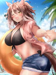  ahoge animal_ears bikini blush breasts cleavage collarbone commentary_request dantsu_flame_(umamusume) female hair_between_eyes hair_ornament highres holding_hands horse_ears horse_girl horse_tail innertube large_breasts medium_hair navel ocean one_eye_closed open_mouth palm_leaf pov pov_hands red_hayao shorts sky solo sweat swim_ring swimsuit tail umamusume wet 