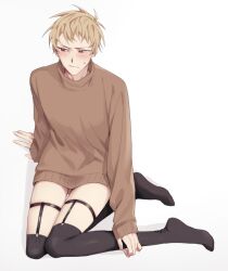  1boy atou_haruki black_thighhighs blonde_hair blush brown_sweater closed_mouth commentary_request highres korean_commentary legwear_garter male_focus mometsu_033 no_pants no_shoes red_eyes saibou_shinkyoku short_hair simple_background sitting sleeves_past_wrists solo sweat sweater thighhighs turtleneck turtleneck_sweater white_background 