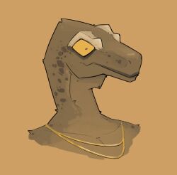  2024 brown_background brown_body bust_portrait digital_media_(artwork) dinosaur extinct golden_necklace jewelry monochrome necklace orange_eyes portrait prehistoric_species reptile scalie simple_background solo yellow_monochrome yellow_sclera zagz 