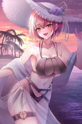  absurdres beach bikini black_bikini blush breasts collarbone cowboy_shot female hat highres hinoki_kahun0 hololive houshou_marine large_breasts navel ocean palm_tree red_eyes red_hair see-through short_hair smile solo sun_hat sunset swimsuit tree virtual_youtuber white_hat yellow_eyes 