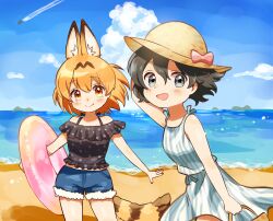  2girls :d alternate_costume animal_ears bare_shoulders beach black_hair black_shirt blonde_hair blue_eyes blue_sky bow casual closed_mouth cloud commentary_request contrail day denim denim_shorts dress duplicate extra_ears fang_out fur_trim hat hat_bow highres innertube kaban_(kemono_friends) kemono_friends multiple_girls ocean oerba_yun_fang open_mouth outdoors pink_bow sand serval_(kemono_friends) shirt short_hair short_shorts shorts sky sleeveless smile spaghetti_strap striped_clothes striped_dress suicchonsuisui sun_hat swim_ring tail water yellow_eyes 