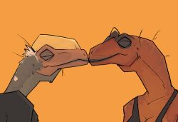  2024 anthro breasts cleavage closed_eyes clothed clothing digital_media_(artwork) dinosaur duo extinct hi_res kissing orange_background prehistoric_species reptile scalie side_view simple_background topwear zagz 