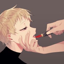  1boy atou_haruki black_eyes black_sweater blonde_hair commentary_request cosmetics from_side grey_background holding holding_lipstick_tube korean_commentary lipstick_tube male_focus mometsu_033 open_mouth saibou_shinkyoku short_hair simple_background solo_focus sweater turtleneck turtleneck_sweater 