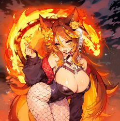  absurdres animal_ears ayumeyatto black_leotard breasts brown_hair chains demon_horns female fiery_ears finger_heart fishnet_pantyhose fishnets hand_up heart highres horns indie_virtual_youtuber jacket large_breasts leotard long_hair long_sleeves looking_at_viewer multicolored_hair orange_fire pantyhose sinder_(vtuber) sinder_(vtuber)_(2nd_costume) skeletal_tail solo streaked_hair tail virtual_youtuber wolf_ears wolf_girl 