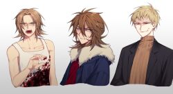  3boys atou_haruki black_jacket blonde_hair blood blood_on_clothes blue_jacket brown_hair brown_sweater commentary_request cropped_torso fur-trimmed_jacket fur_trim green_eyes hair_between_eyes highres isoi_reiji jacket korean_commentary long_sleeves male_focus medium_hair mometsu_033 multiple_boys open_clothes open_jacket open_mouth parted_bangs red_eyes red_shirt ribbed_sweater saibou_shinkyoku sanpaku shinano_eiji shirt short_hair simple_background sweat sweater tank_top turtleneck turtleneck_sweater white_background white_tank_top 