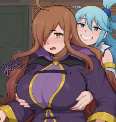  2girls afrobull ahoge aqua_(konosuba) bare_shoulders blue_eyes blue_hair blush breasts brown_eyes brown_hair grabbing grabbing_another&#039;s_breast grabbing_from_behind grin groping hair_ornament hair_over_one_eye highres huge_breasts kono_subarashii_sekai_ni_shukufuku_wo! long_hair looking_at_viewer multiple_girls open_mouth smile teeth wiz_(konosuba) 