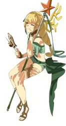  bikini blonde_hair brown_footwear brown_gloves eating female fingerless_gloves fire_emblem fire_emblem:_three_houses fire_emblem_heroes fish fish_(food) food fried_fish gloves green_bikini green_ribbons green_shorts highres holding holding_food holding_weapon ingrid_brandl_galatea ingrid_brandl_galatea_(summer) invisible_chair long_hair looking_to_the_side off-shoulder_bikini off_shoulder one_eye_closed ribbon sandals short_shorts shorts sitting solo starpoint_lance_(fire_emblem) swimsuit weapon zv6dllrzu725132 