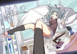  ;) aqua_eyes aqua_hair black_socks blush breasts broken_cup brown_vest closed_mouth coat coffee collared_shirt commentary_request copyright_name cup female floating_clothes floating_hair flying foreshortening grey_skirt heart highres indoors kneehighs lab_coat large_breasts long_hair long_sleeves looking_at_object looking_down miniskirt necktie nzuwaiganin one_eye_closed open_clothes open_coat pink_footwear plaid_clothes plaid_skirt pleated_skirt red_necktie riddle_joker sandals shikibe_mayu shirt signature skirt smile smug socks solo telekinesis v-shaped_eyebrows vest white_shirt wide_sleeves window 