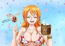  :d ^_^ alcohol artist_logo artist_name beer bikini blue_background bracelet breasts cleavage closed_eyes collarbone commentary_request confetti cup female floral_print heart highres holding holding_cup jewelry large_breasts long_hair mug nami_(one_piece) one_piece open_mouth orange_hair print_bikini red_bikini rider_(orange_couture) smile solo swimsuit thumbs_up upper_body wavy_hair 