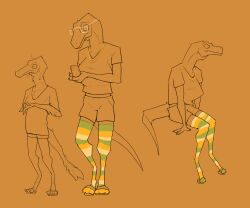  2024 3_fingers 3_toes biped bottomwear brown_background cellphone clothed clothing digital_media_(artwork) dinosaur duo electronics eyewear feet female fingers glasses gold_(metal) gold_jewelry gold_necklace hi_res jewelry legwear multiple_poses necklace pattern_clothing pattern_legwear pattern_thigh_highs phone pose prehistoric_species reptile scalie shirt shorts simple_background sitting size_difference smartphone spot_color standing striped_clothing striped_legwear striped_thigh_highs stripes tail thigh_highs toes topwear zagz 