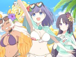  1boy 3girls armpits bikini black_hair blue_sky breasts capelet dark_skin eyewear_on_head flower flower_on_head fujiyama_(yellow) kariza_(princess_connect!) large_breasts lily_(princess_connect!) lily_(summer)_(princess_connect!) long_hair medium_hair misora_(princess_connect!) misora_(summer)_(princess_connect!) multiple_girls navel nea_(princess_connect!) nea_(summer)_(princess_connect!) palm_tree princess_connect! purple_hair rainbow-tinted_eyewear sky sunglasses swimsuit tree very_long_hair white_hair 