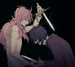  2boys black_background blue_hair closed_eyes commentary_request crying dagger dark_blue_hair flower gold_trim hatsutori_hajime high_collar highres holding holding_dagger holding_knife holding_weapon jacket knife korean_commentary long_hair long_sleeves male_focus mometsu_033 multiple_boys open_mouth pink_hair purple_jacket rose saibou_shinkyoku shirt short_hair simple_background thorns utsugi_noriyuki weapon white_flower white_rose white_shirt 