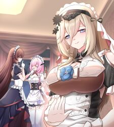  3girls absurdres aponia_(honkai_impact) apron black_dress black_thighhighs blonde_hair blue_eyes bottle breasts butterfly_hair_ornament cleavage clothing_cutout dress eden_(honkai_impact) elf elysia_(honkai_impact) elysia_(miss_pink_elf)_(honkai_impact) fake_horns garter_straps gloves hair_ornament highres holding holding_plate honkai_(series) honkai_impact_3rd horns indoors large_breasts looking_at_another looking_at_viewer maid maid_apron maid_headdress multiple_girls pink_hair plate pointy_ears red_curtains red_hair side_cutout smile thighhighs white_apron white_gloves white_thighhighs window wine_bottle zhihe_box 