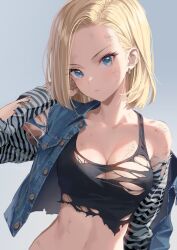  android_18 asymmetrical_bangs bare_shoulders black_shirt blonde_hair blue_eyes blue_vest breasts cleavage collarbone denim_vest dragon_ball dragon_ball_z earrings female forehead jewelry large_breasts long_sleeves looking_at_viewer midriff navel shirt short_hair solo striped_sleeves torn_clothes vest yahako 