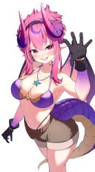  bare_shoulders bikini bikini_top_only black_gloves blush breasts brown_shorts cleavage commission cowboy_shot darjeeling_(reley) female gloves grape_(vtuber) hairband hand_up highres horns indie_virtual_youtuber large_breasts looking_at_viewer navel open_mouth pointy_ears purple_bikini purple_hair red_eyes second-party_source shorts sidelocks simple_background skeb_commission solo swimsuit tail teeth upper_teeth_only virtual_youtuber white_background wings 