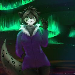  2021 anthro aurora_(phenomenon) canid clothing coat felid female gesture hybrid kathrin_vaughan mammal night parka solo standing topwear twokinds waving yttrium_(artist) 