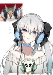  :i absurdres animal aqua_choker aqua_headphones bare_shoulders black_ribbon blue_eyes blush breasts cheek_squash choker cleavage closed_mouth collarbone commentary_request con_(fate) fate/grand_order fate_(series) feline female gradient_hair green_headphones grey_sweater hair_between_eyes hair_ornament hair_ribbon headphone_cat_(meme) headphones highres ice_choco_maker inset long_hair looking_at_viewer meme morgan_le_fay_(fate) multicolored_hair notice_lines off-shoulder_sweater off_shoulder photo-referenced reference_inset ribbon simple_background solo sweater upper_body white_background white_hair 