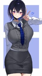  alternate_breast_size alternate_costume aran_sweater black_collar black_hair black_skirt blue_hair blue_necktie blush breasts cable_knit collar collared_shirt cowboy_shot crossed_bangs dress_shirt female glasses grey_vest hair_between_eyes heart highres houndstooth ichinose_uruha large_breasts long_sleeves looking_at_viewer miniskirt multicolored_hair necktie parted_lips pencil_skirt print_necktie purple_eyes round_eyewear school_uniform shiro_marimo shirt short_hair skirt solo streaked_hair sweater sweater_vest taut_clothes taut_skirt v vest virtual_youtuber vspo! white_shirt wing_collar 