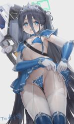  :d absurdres alternate_costume aris_(blue_archive) armor bikini bikini_armor black_hair blue_archive blue_bikini blue_choker blue_eyes blue_halo blue_skirt blush boots breasts carrying choker clothes_lift commentary_request crown diadem dressing elbow_gloves female from_below gloves hair_between_eyes halo happy highres hip_focus lifting_own_clothes lin_jingling long_hair looking_at_viewer looking_down midriff miniskirt navel pale_skin pauldrons pleated_skirt polka_dot polka_dot_bikini presenting railgun revealing_clothes shoulder_armor side-tie_bikini_bottom skirt skirt_lift small_breasts smile solo swimsuit thigh_boots thigh_gap thighhighs thighs tying tying_bikini tying_panties undressing untied_bikini_bottom untying very_long_hair weapon weapon_on_back white_gloves white_thighhighs 