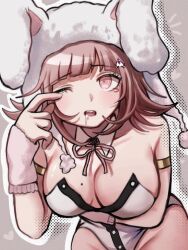  ;o animal_ears bare_shoulders breasts danganronpa_(series) danganronpa_2:_goodbye_despair fake_animal_ears female flipped_hair galaga ikemen&#039;na_ore-shi large_breasts leotard looking_at_viewer medium_hair mole mole_on_breast nanami_chiaki neck_ribbon official_alternate_costume one_eye_closed playboy_bunny rabbit_ears ribbon solo strapless strapless_leotard wrist_cuffs 