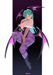  absurdres animal_print asakiiart bat_print bat_wings black_footwear breasts cleavage demon_girl female flying full_body green_eyes green_hair highres long_hair looking_at_viewer morrigan_aensland thighhighs vampire_(game) wings 