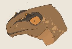  2024 ambiguous_gender brown_body digital_media_(artwork) dinosaur extinct headshot_portrait orange_eyes portrait prehistoric_species reptile scalie simple_background solo zagz 