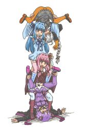  4girls blue_hair braid carrying carrying_over_shoulder clenched_teeth closed_eyes coat dress grey_hair hair_intakes hair_ornament human_tower kasuga_(kasuga39) kinnikuman kinnikuman_(character) kizuna_akari kotonoha_akane kotonoha_aoi long_hair multiple_girls open_mouth panties pants piggyback pink_eyes pink_hair purple_hair ribbon short_hair skirt spread_legs stacking teeth thighhighs underwear upskirt vocaloid voiceroid yuzuki_yukari 