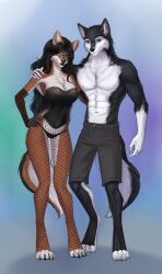  absurd_res anthro canid canine canis clothed clothing corset elvofirida female fishnet_clothing fishnet_legwear hi_res legwear lingerie male male/female mammal solo topless topwear wolf 