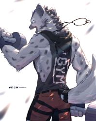  2024 absurd_res anthro arknights artist_name athletic athletic_anthro athletic_male belt black_body black_fur blue_body blue_fur bottomwear closed_eyes clothing dumbbell facial_tuft fur grey_body grey_fur hair head_tuft hi_res hyena hypergryph kuromonsart male mammal markings open_mouth pants simple_background solo spot_(arknights) spots spotted_body spotted_fur spotted_hyena straps studio_montagne tail tail_strap teeth tuft weights white_background 