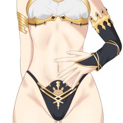  absurdres armlet artist_request ass_visible_through_thighs asymmetrical_sleeves bikini black_bikini_bottom breasts bridal_gauntlets commentary day detached_sleeves elbow_gloves fate/grand_order fate_(series) female gloves groin hand_on_own_stomach highleg highleg_bikini highres hip_focus ishtar_(fate) jewelry midriff miyoshino90 nail navel simple_background single_detached_sleeve single_elbow_glove single_sleeve small_breasts solo spread_navel stomach swimsuit uneven_sleeves white_background 