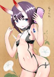  absurdres bare_shoulders blush breasts cellphone collarbone dai_yasude eyeliner fate/grand_order fate_(series) female flower headpiece highres horns looking_at_viewer makeup navel oni phone purple_eyes purple_hair revealing_clothes short_hair shuten_douji_(fate) skin-covered_horns small_breasts smile solo translation_request 