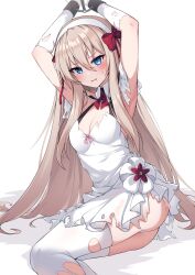  armpits arms_up ass blonde_hair blue_eyes blush bound bound_wrists bow bow_hairband breasts carlota chains cleavage collared_dress commentary counter:side cuffed dress elbow_gloves female flower_skirt furrowed_brow gloves hairband halter_dress halterneck highres long_hair looking_at_viewer losvje1024 neck_ribbon panties pantyshot parted_lips red_bow ribbon sidelocks sitting small_breasts solo sweatdrop thighhighs thighs torn_clothes torn_dress torn_gloves torn_thighhighs underwear very_long_hair wavy_mouth white_dress white_hairband white_panties white_thighhighs yokozuwari 