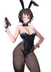  alternate_costume animal_ears black_leotard bow bowtie brown_hair cero_(last2stage) covered_navel cowboy_shot detached_collar earhart_(neural_cloud) female girls&#039;_frontline girls&#039;_frontline_neural_cloud gun highres holding holding_gun holding_weapon leotard one_eye_closed pantyhose playboy_bunny rabbit_ears red_eyes short_hair solo strapless strapless_leotard thighs weapon wrist_cuffs 