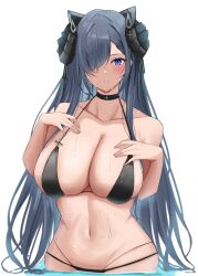  absurdres alternate_costume august_von_parseval_(azur_lane) azur_lane bikini black_bikini black_choker blue_eyes breasts choker collarbone cross female grey_hair highres horns large_breasts long_hair navel simple_background solo soul_(dp11) swimsuit water white_background 