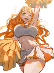  absurdres alternate_costume black_clover cheering cheerleader crop_top female green_eyes highres holding holding_pom_poms midriff mimosa_vermillion miniskirt mitanaartworks navel orange_hair pom_pom_(cheerleading) simple_background skirt solo white_background white_skirt 