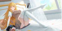  absurdres bed bedroom blonde_hair breasts brown_sweater_vest character_doll closed_mouth controller crossed_legs elbow_gloves female gloves grey_skirt highres holding holding_remote_control impossible_clothes indoors kamijou_touma large_breasts long_hair looking_at_viewer naeaemgung on_bed panties pleated_skirt remote_control school_uniform shirt shokuhou_misaki short_sleeves sitting skirt smile solo sparkling_eyes star-shaped_pupils star_(symbol) summer_uniform sweater_vest symbol-shaped_pupils thighhighs toaru_kagaku_no_mental_out toaru_kagaku_no_railgun toaru_majutsu_no_index tokiwadai_school_uniform underwear white_gloves white_panties white_shirt white_thighhighs yellow_eyes 