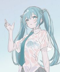  aqua_bra aqua_eyes aqua_hair aqua_necktie bra commentary female hand_up hatsune_miku long_hair necktie parted_lips pleated_skirt rain see-through see-through_shirt shirt short_sleeves skirt solo standing twintails underwear upper_body very_long_hair vocaloid wet wet_clothes wet_shirt white_shirt yukihane_(snowowl515) 